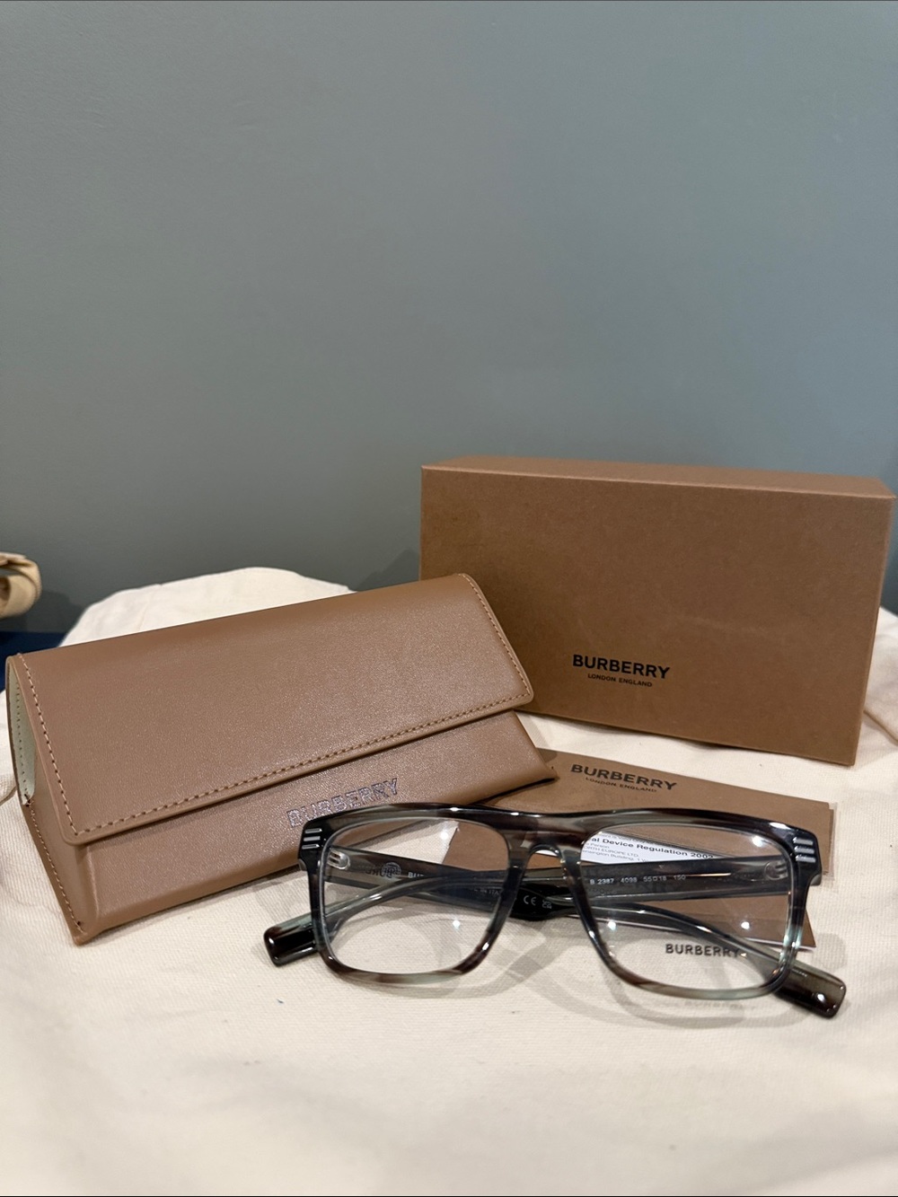 Burberry Brown Leather Eyeglasses Case with Branded Box